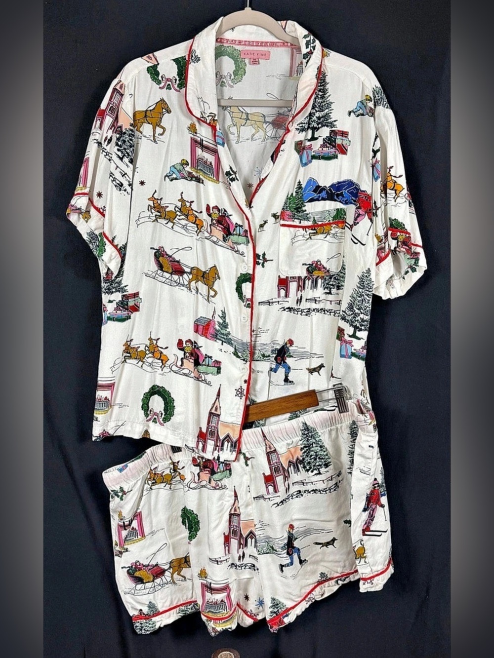 Katie Kime Après Ski Toile Pajama Shorts Set White & Red Medium